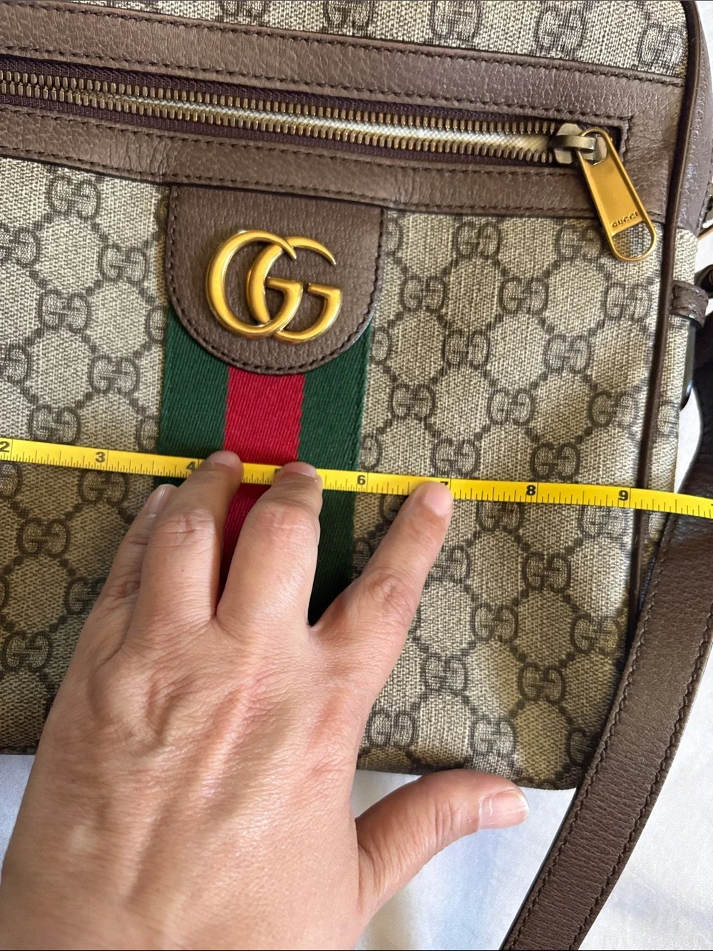 Gucci Beige GG Supreme crossbody with Green-Red Web and Brown Trim